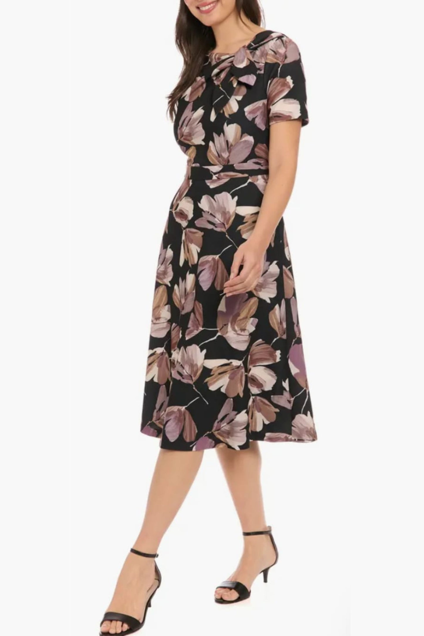 London Times Floral Print A-Line Midi Dress