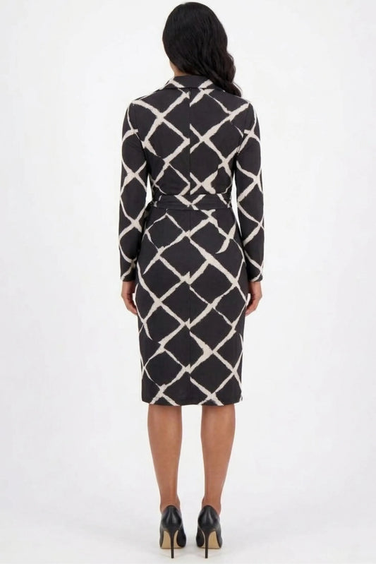 Maggy London Black Tan Geometric Diamond Side-Tie Shirt Wrap Dress