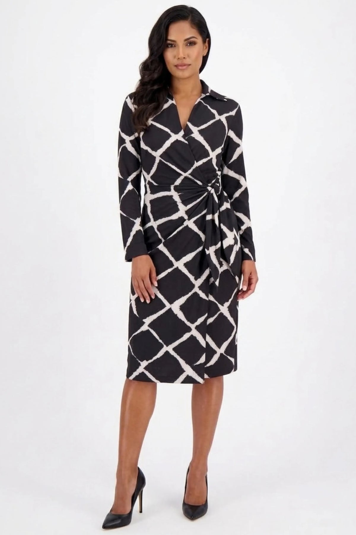 Maggy London Black Tan Geometric Diamond Side-Tie Shirt Wrap Dress