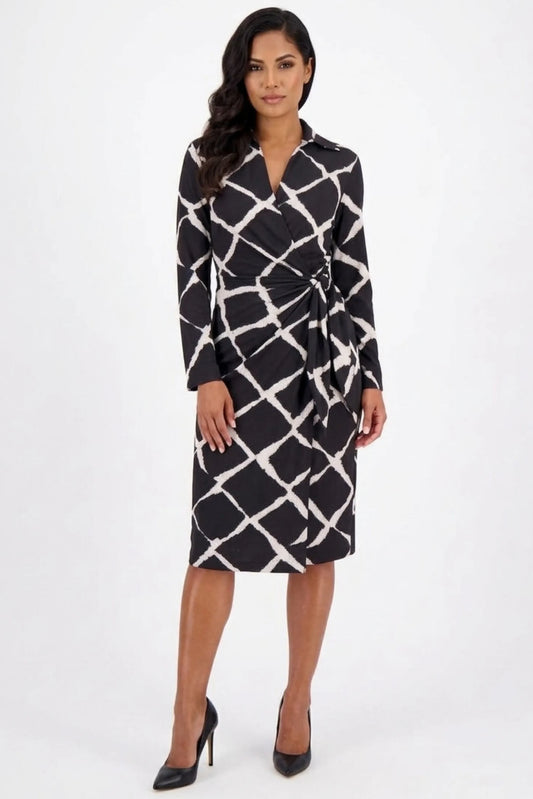Maggy London Black Tan Geometric Diamond Side-Tie Shirt Wrap Dress