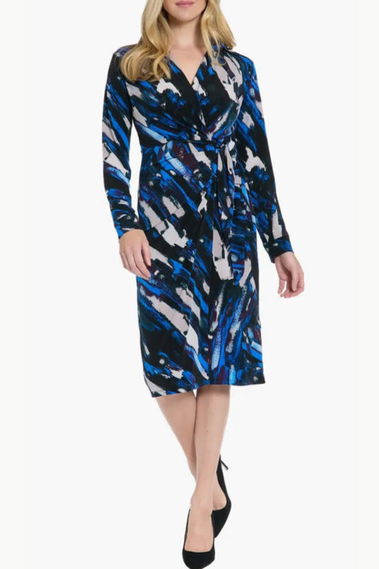 London Times Multi Color Faux Wrap Midi Dress