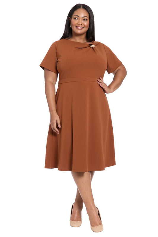 London Times Short Sleeve A-Line Midi Dress