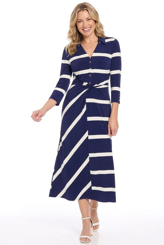 London Times Navy Ivory Striped Twisted-Waist Midi Dress