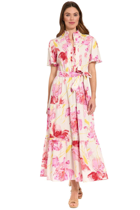 London Times Floral Ruffle-Neck Tiered Maxi Dress