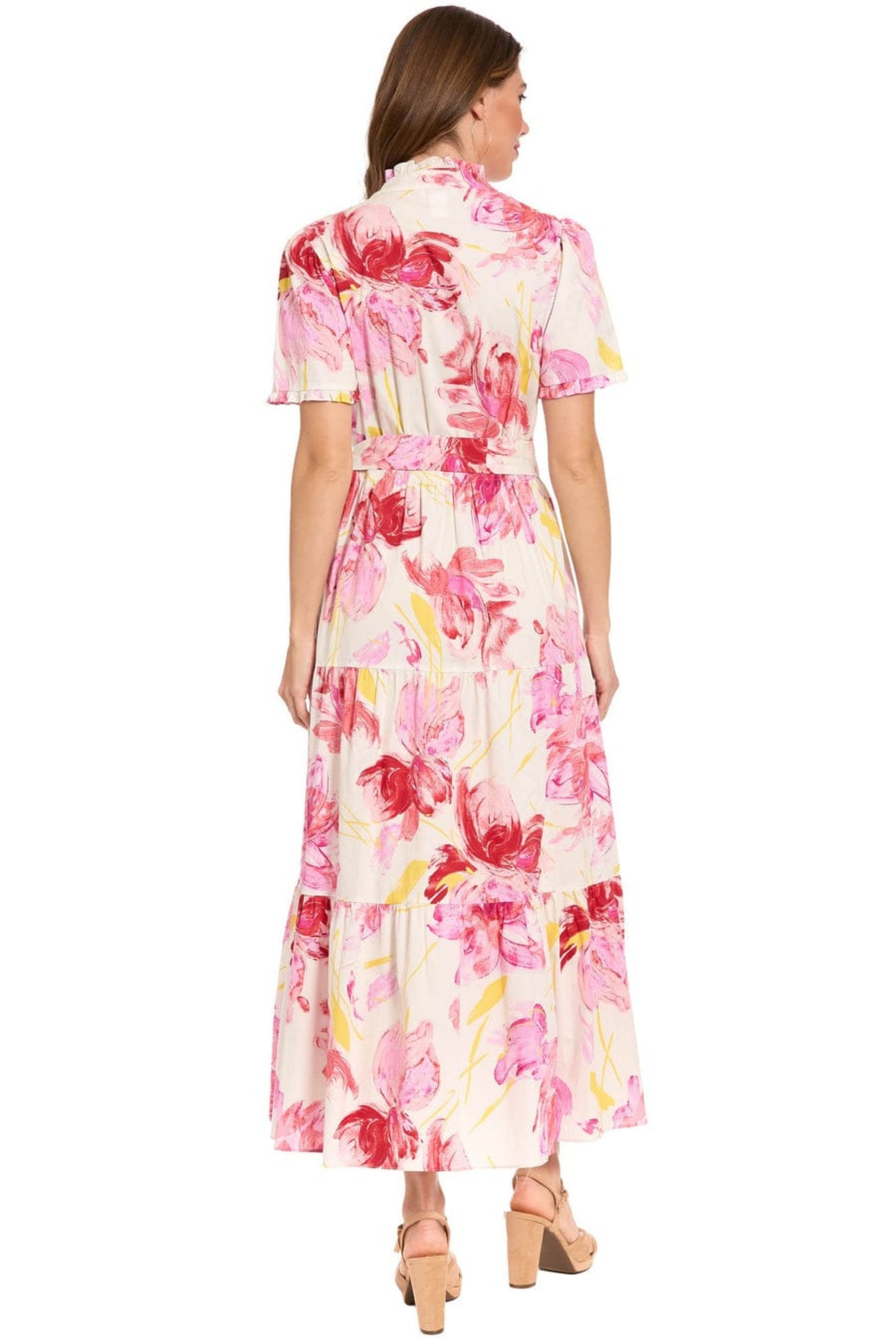 London Times Floral Ruffle-Neck Tiered Maxi Dress
