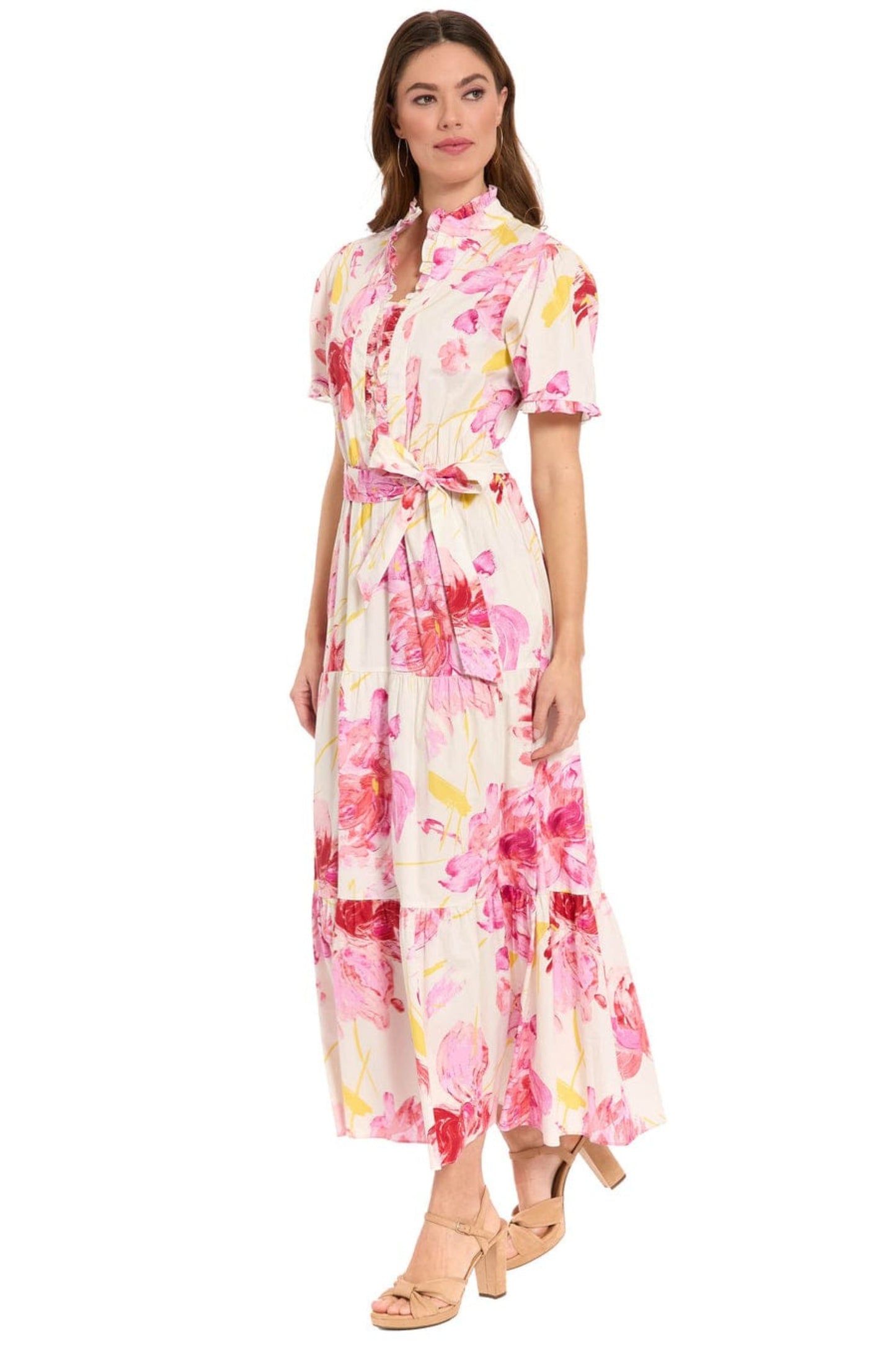 London Times Floral Ruffle-Neck Tiered Maxi Dress