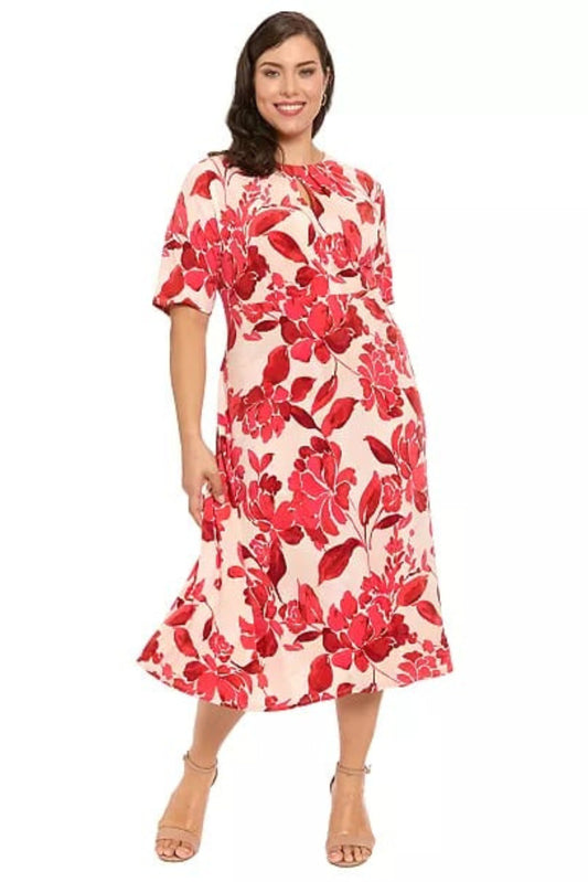 London Times Ivory & Red Floral Keyhole Midi Dress