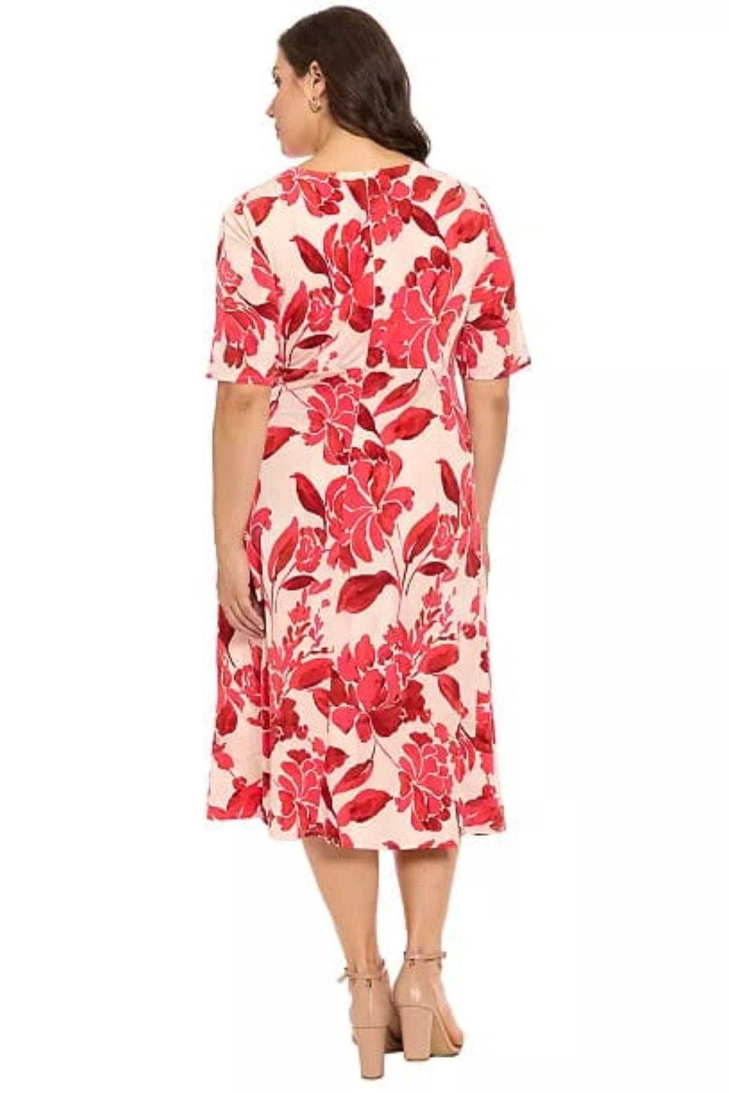 London Times Ivory & Red Floral Keyhole Midi Dress