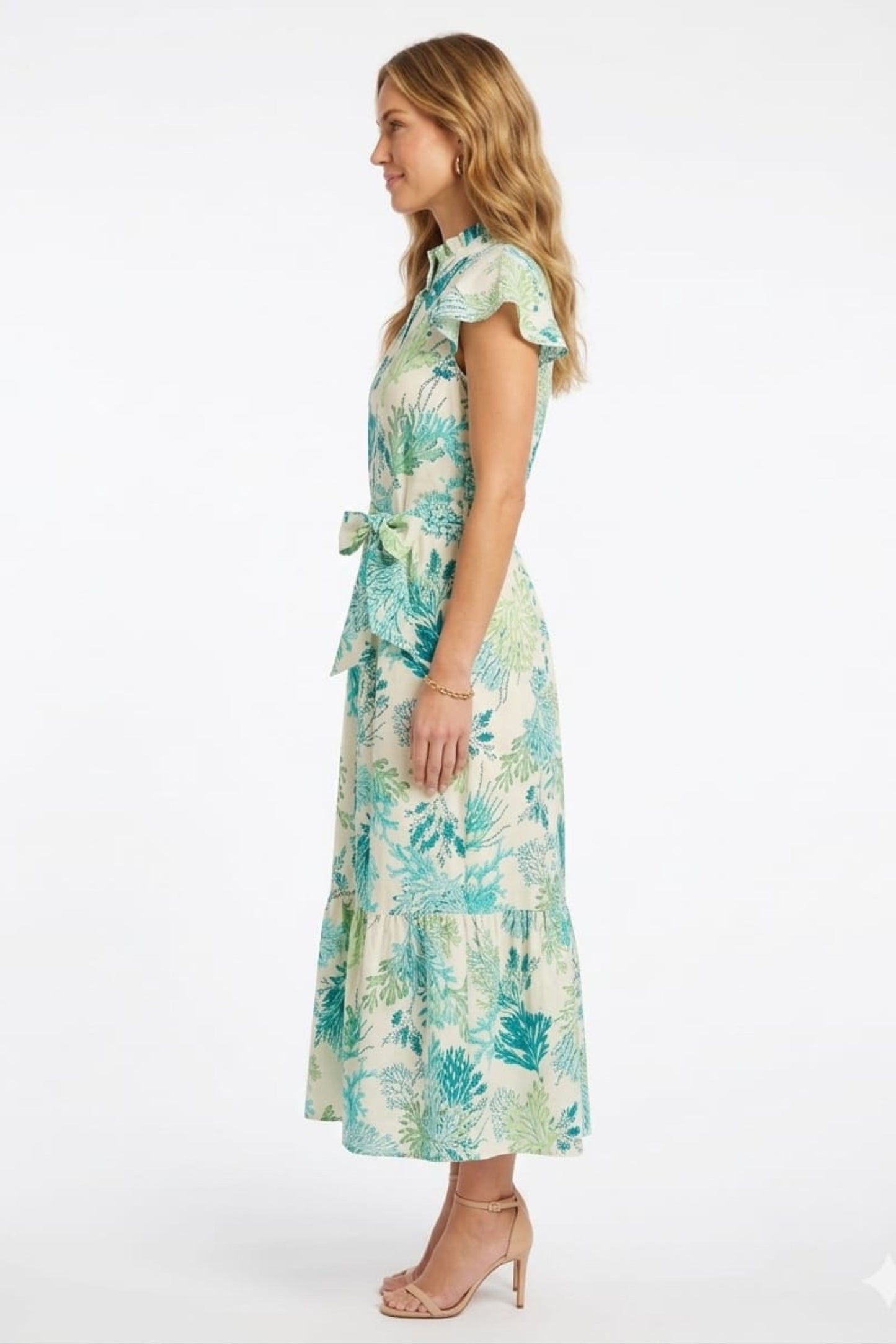 London Times Coral Print Tiered Midi Dress