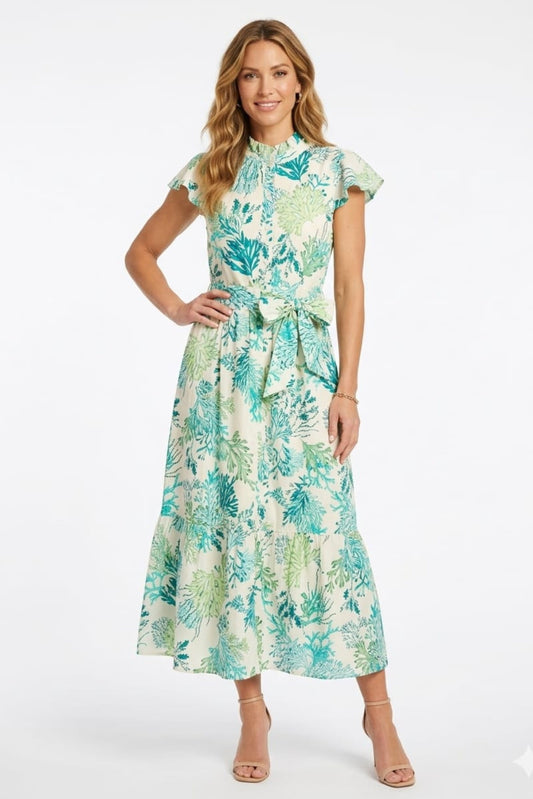 London Times Coral Print Tiered Midi Dress
