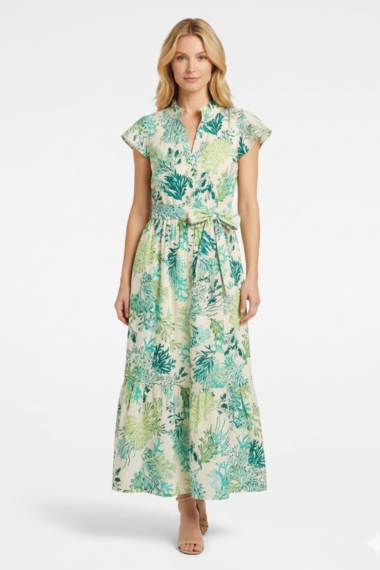 London Times Coral Print Tiered Midi Dress
