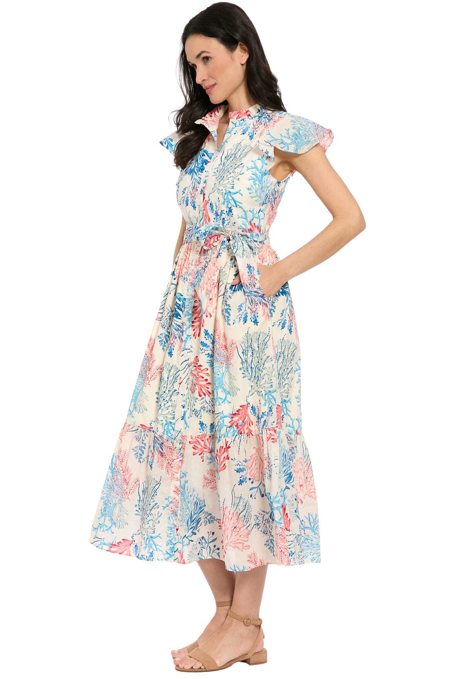 London Times Coral Print Tiered Midi Dress