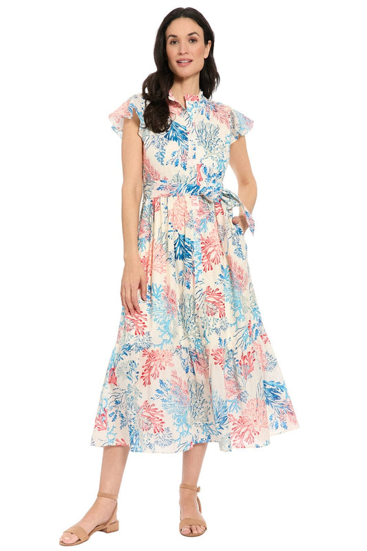 London Times Coral Print Tiered Midi Dress
