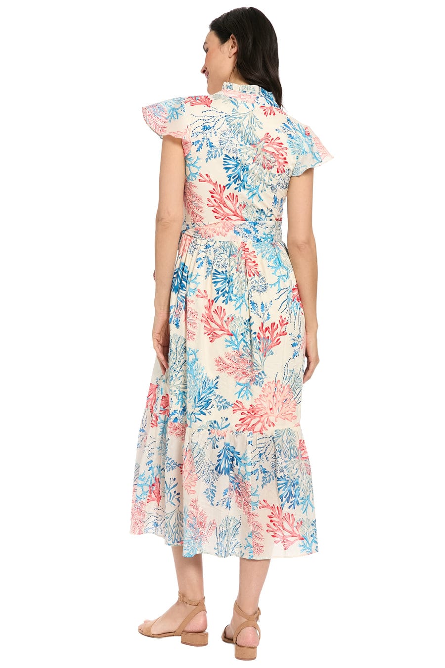 London Times Coral Print Tiered Midi Dress