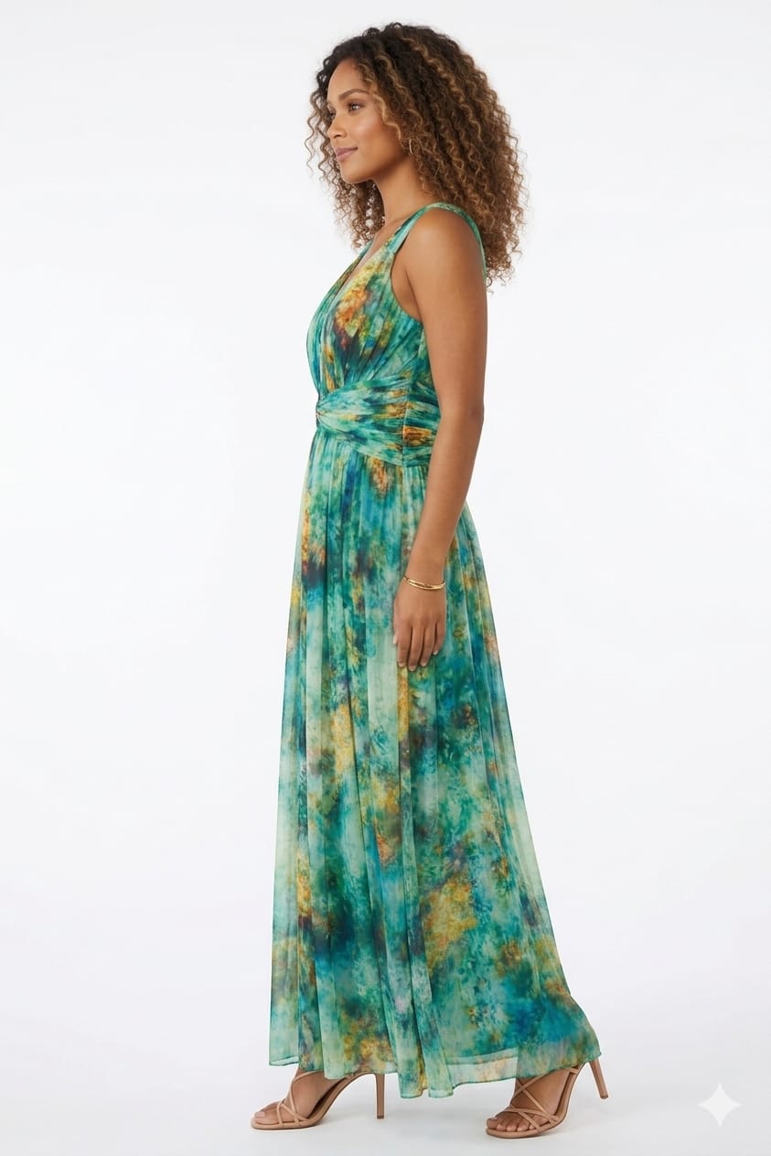 London Times Green & Gold Abstract Watercolor Maxi Dress