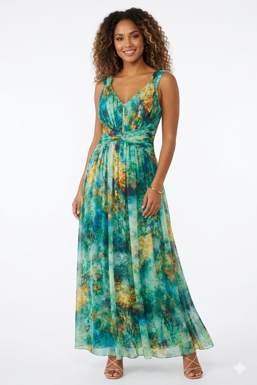 London Times Green & Gold Abstract Watercolor Maxi Dress
