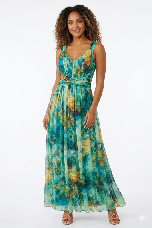 London Times Green & Gold Abstract Watercolor Maxi Dress
