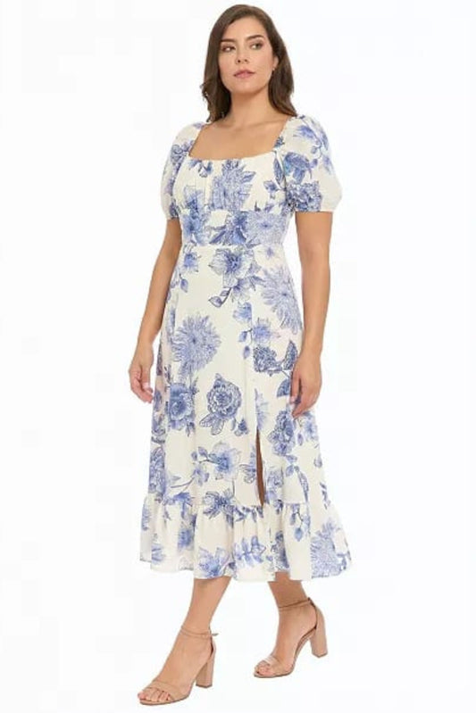 London Times Linen Floral Puff-Sleeve Midi Dress