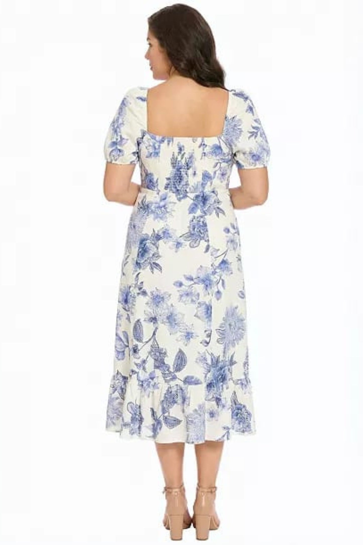 London Times Linen Floral Puff-Sleeve Midi Dress