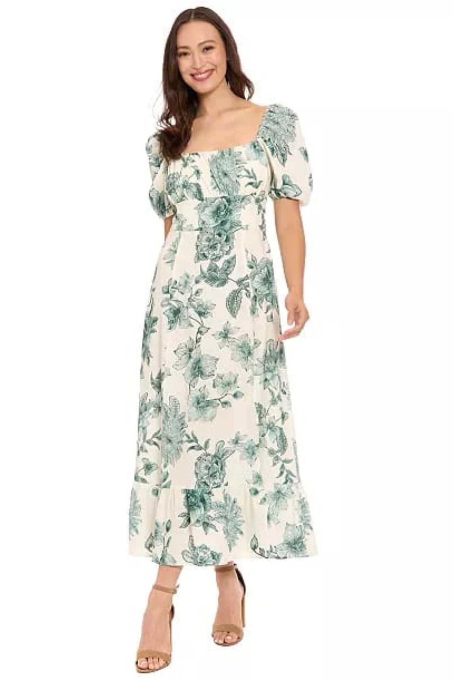 London Times Linen Floral Puff-Sleeve Midi Dress