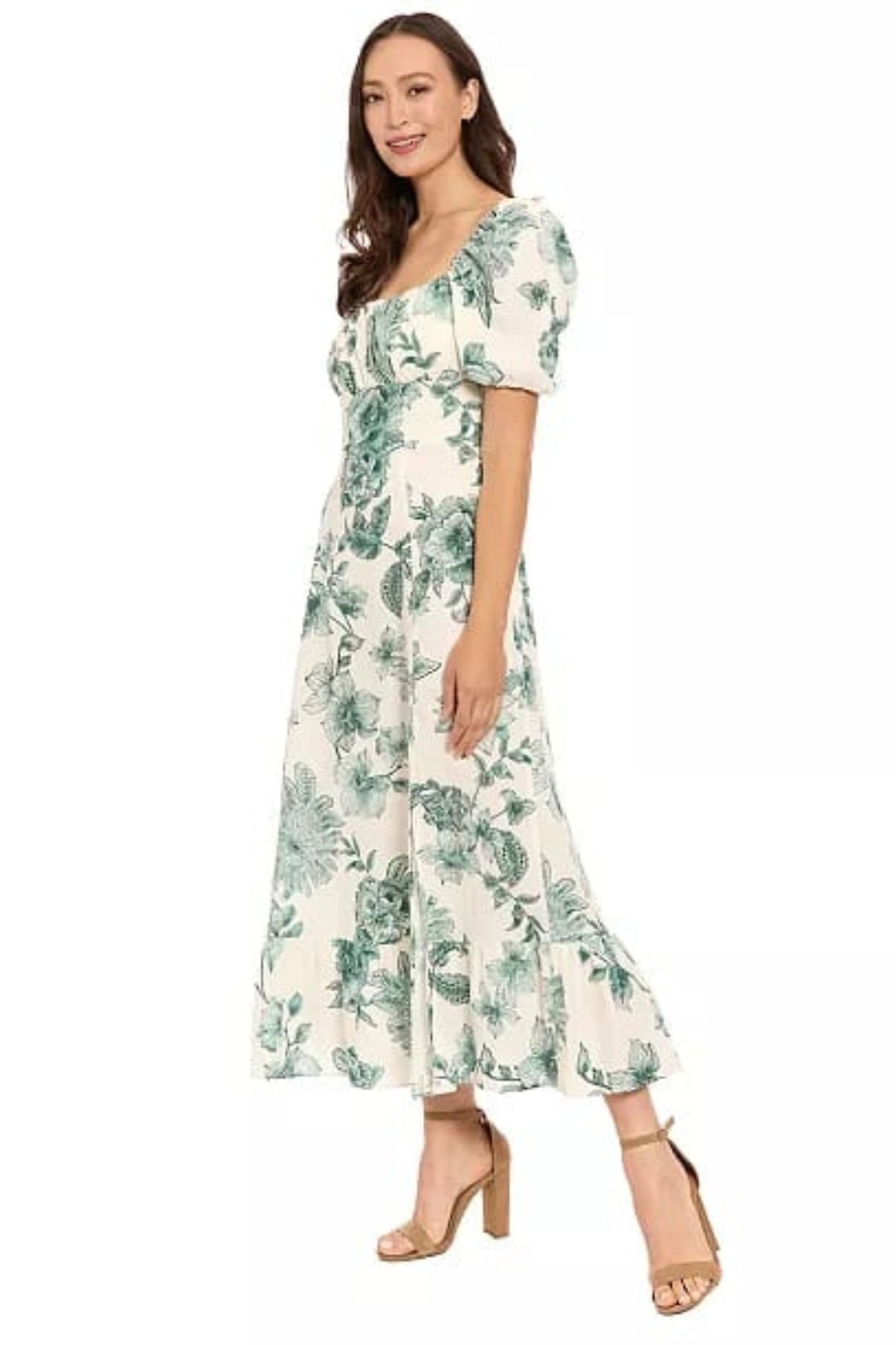 London Times Linen Floral Puff-Sleeve Midi Dress