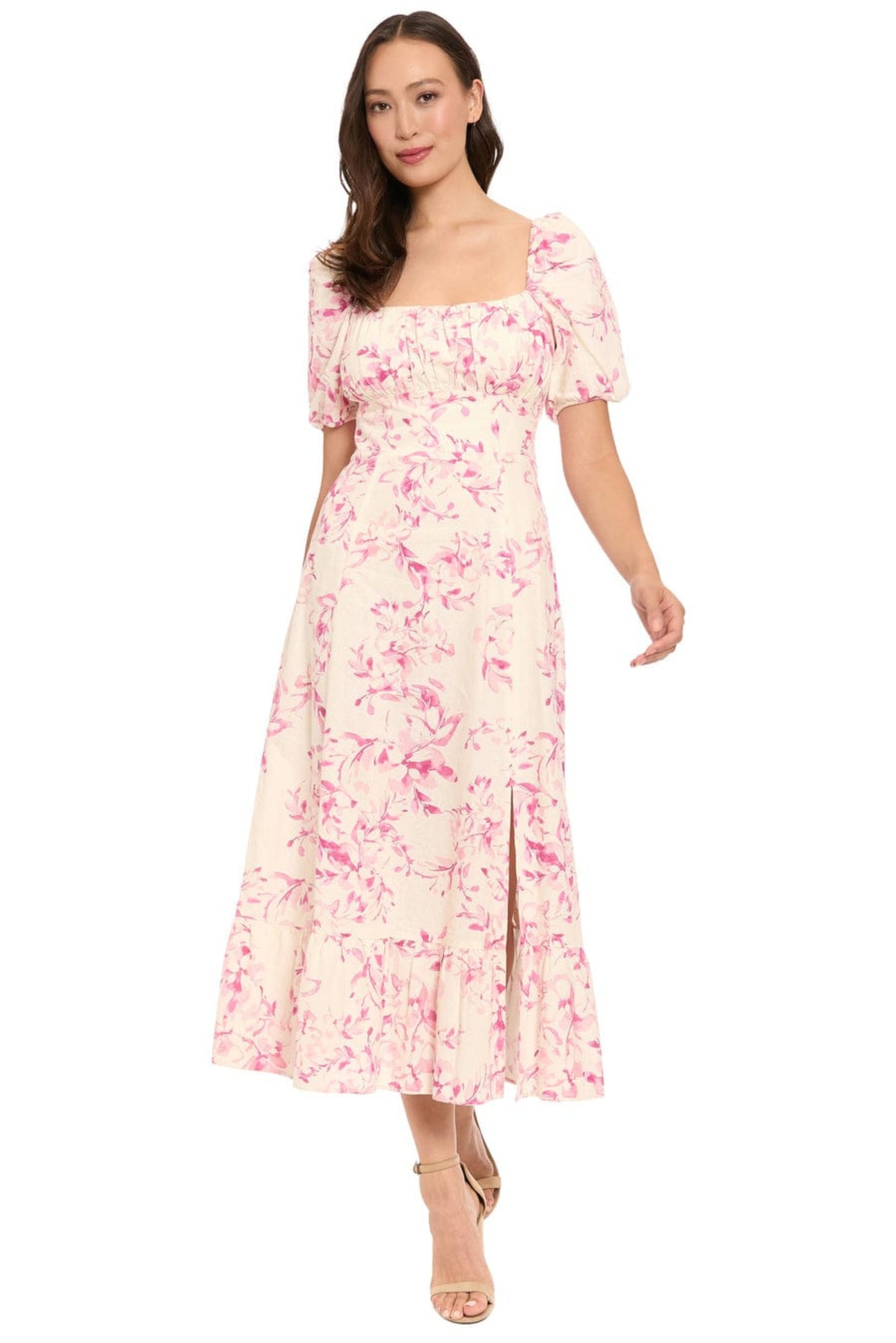 London Times Linen Floral Puff-Sleeve Midi Dress