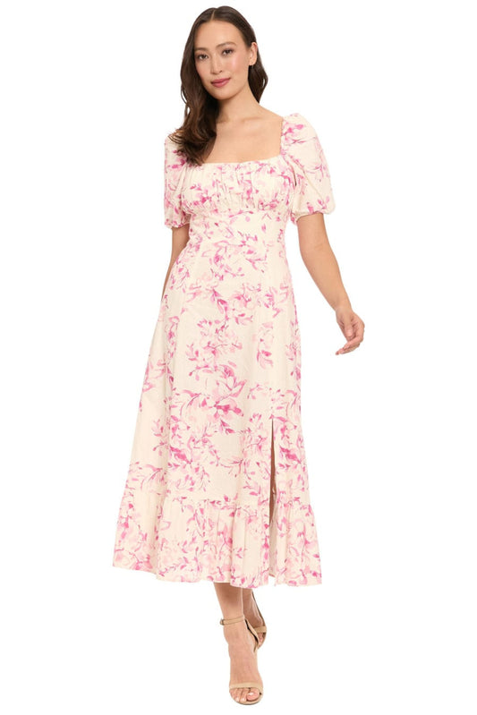 London Times Linen Floral Puff-Sleeve Midi Dress