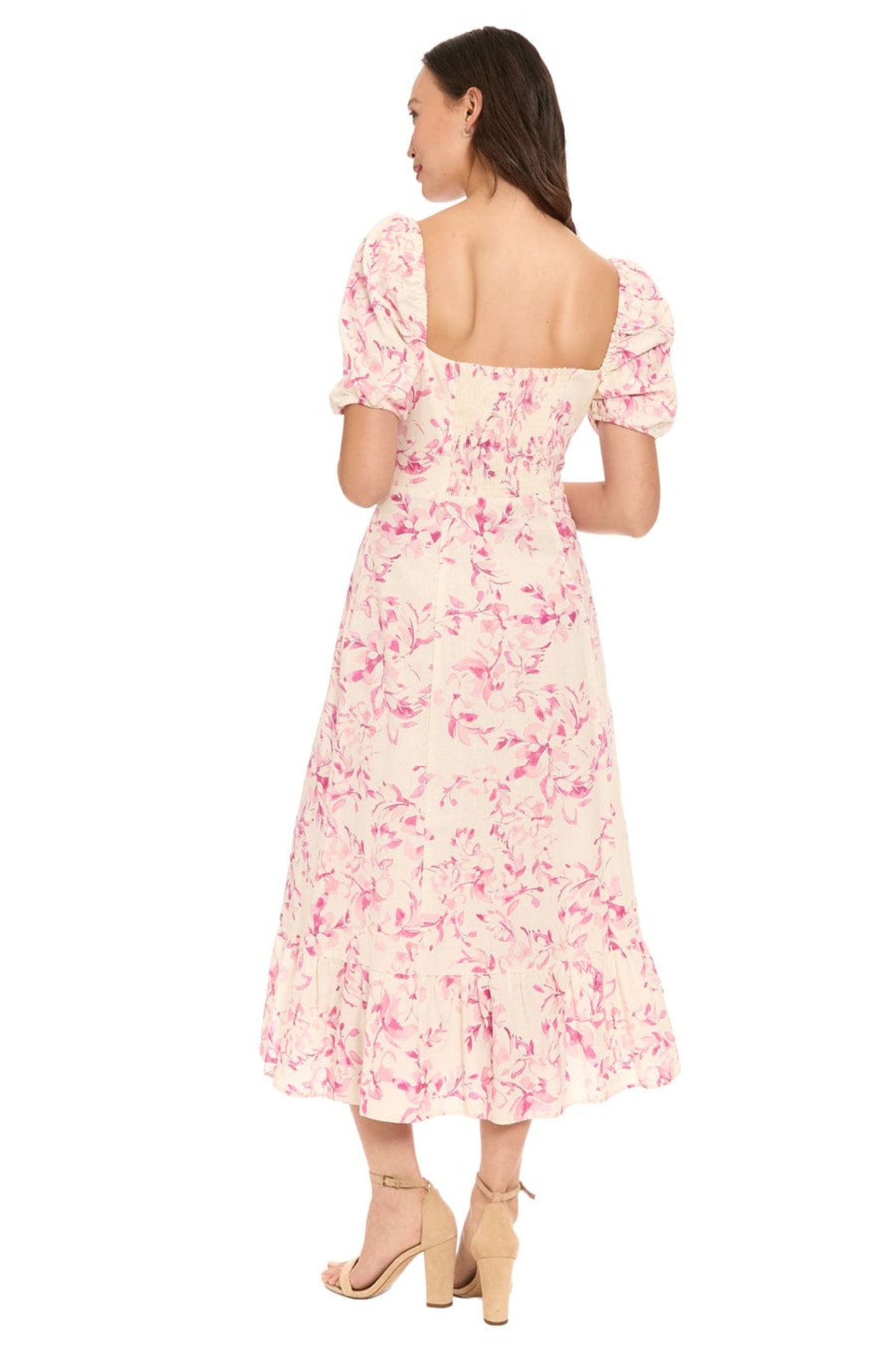 London Times Linen Floral Puff-Sleeve Midi Dress