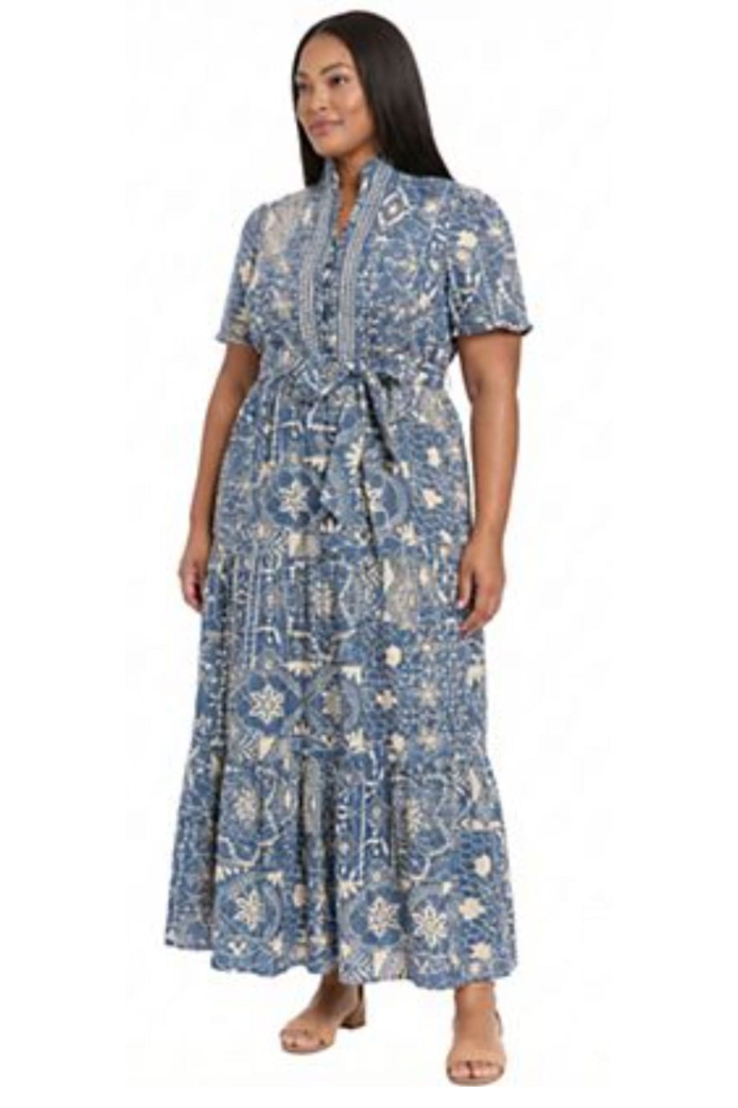 London Times Printed Flutter-Sleeve Maxi Dress