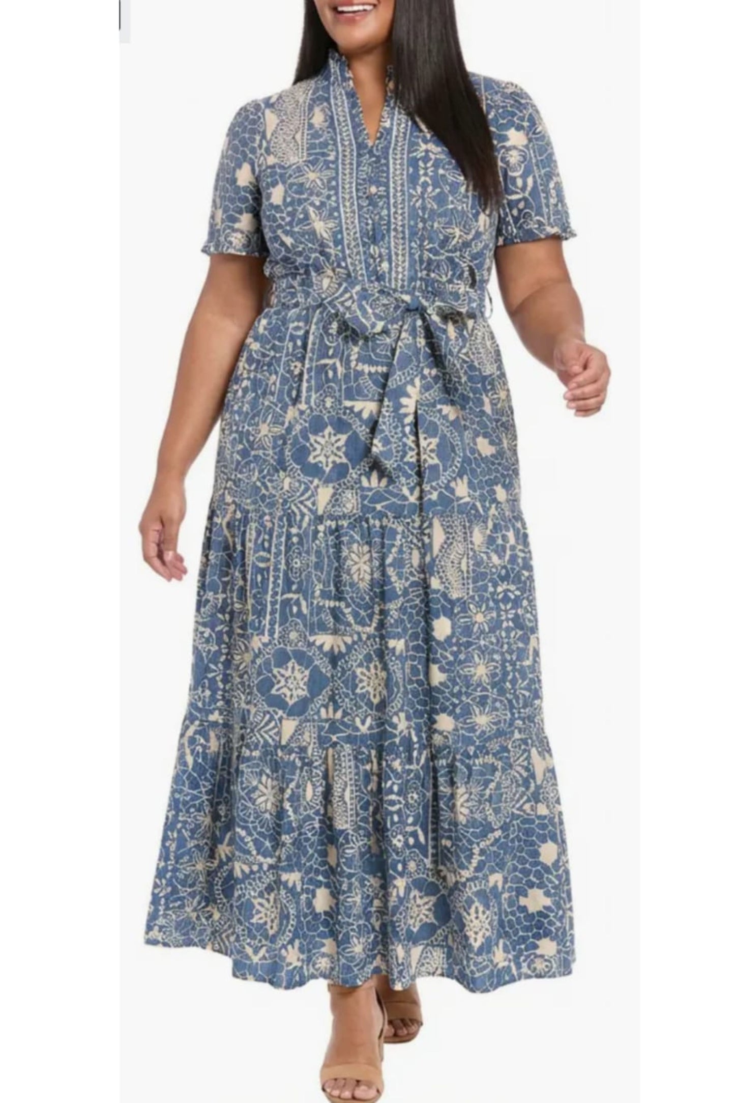 London Times Printed Flutter-Sleeve Maxi Dress