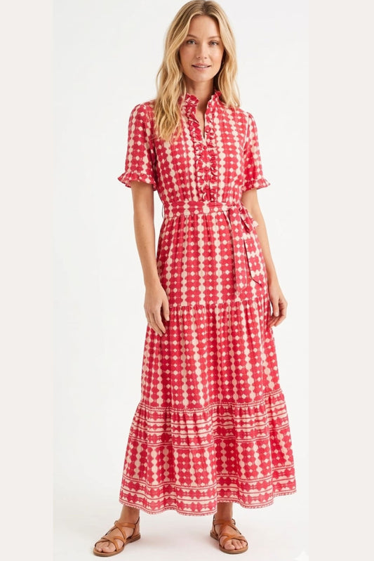 London Times Red & White Geometric Ruffle-Neck Maxi Dress