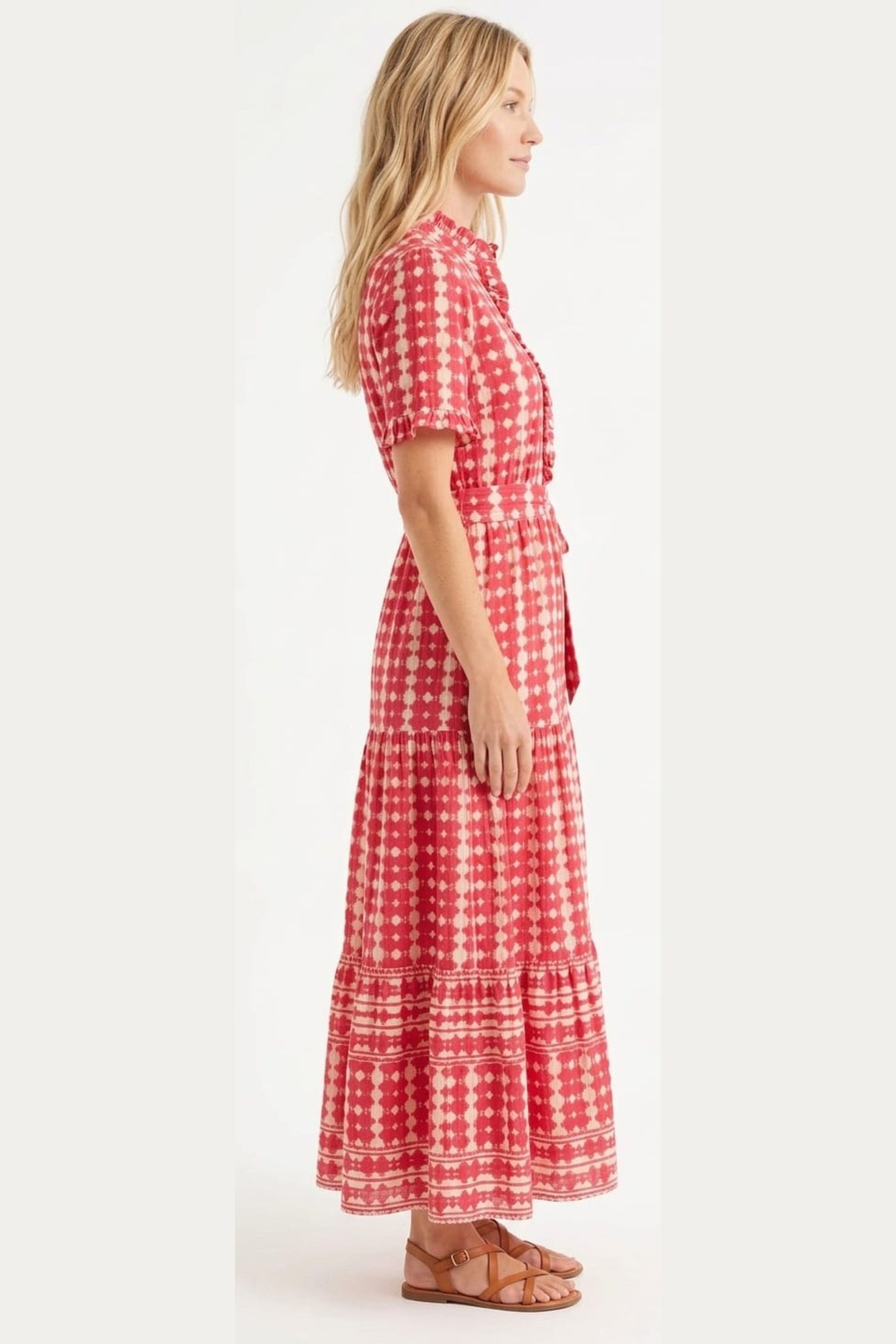 London Times Red & White Geometric Ruffle-Neck Maxi Dress