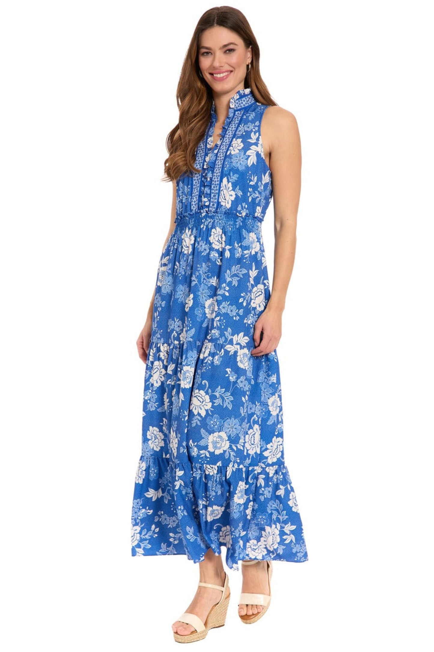 London Times Floral Sleeveless Tiered Maxi Dress