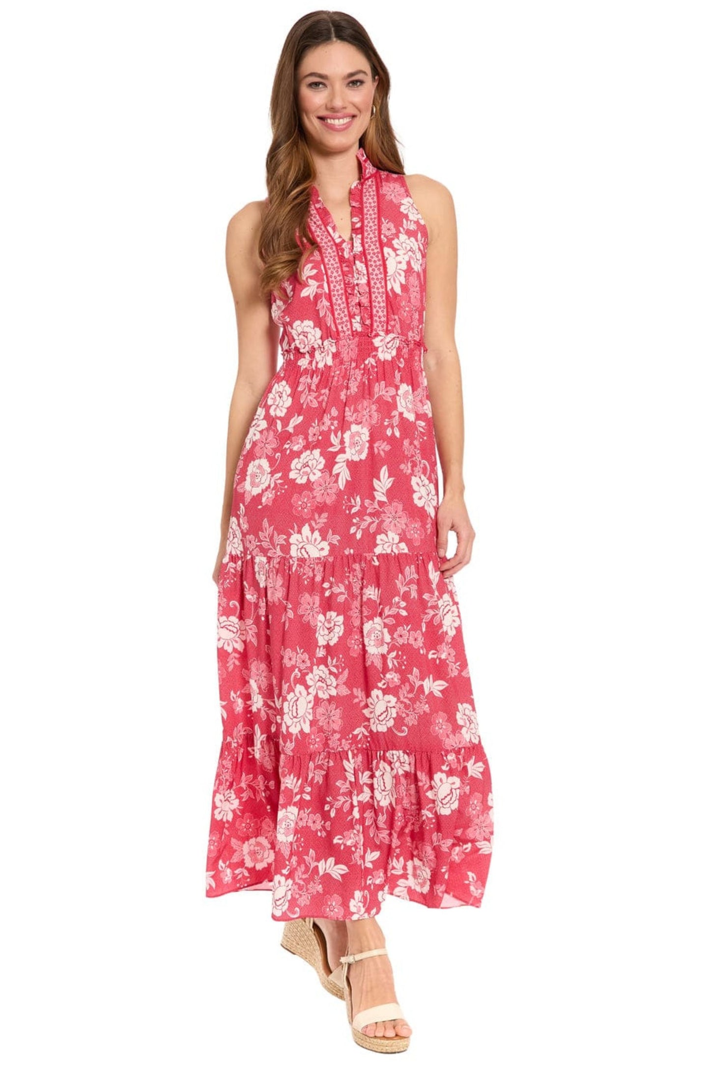 London Times Floral Sleeveless Tiered Maxi Dress