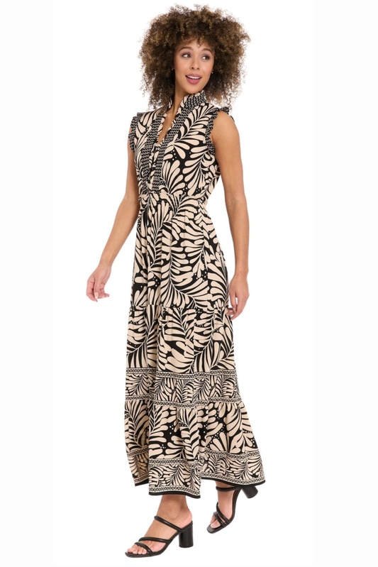 London Times Black & Cream Palm Leaf Ruffled Maxi Dress