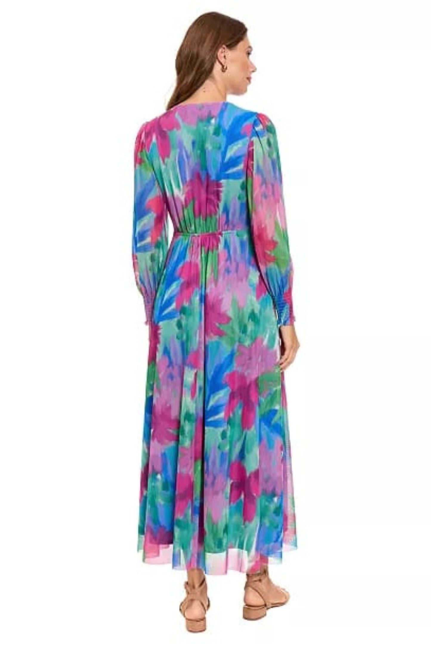 London Times Pink & Blue Abstract Floral Chiffon Maxi Dress