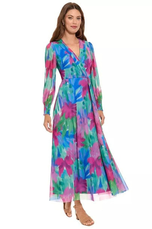 London Times Pink & Blue Abstract Floral Chiffon Maxi Dress