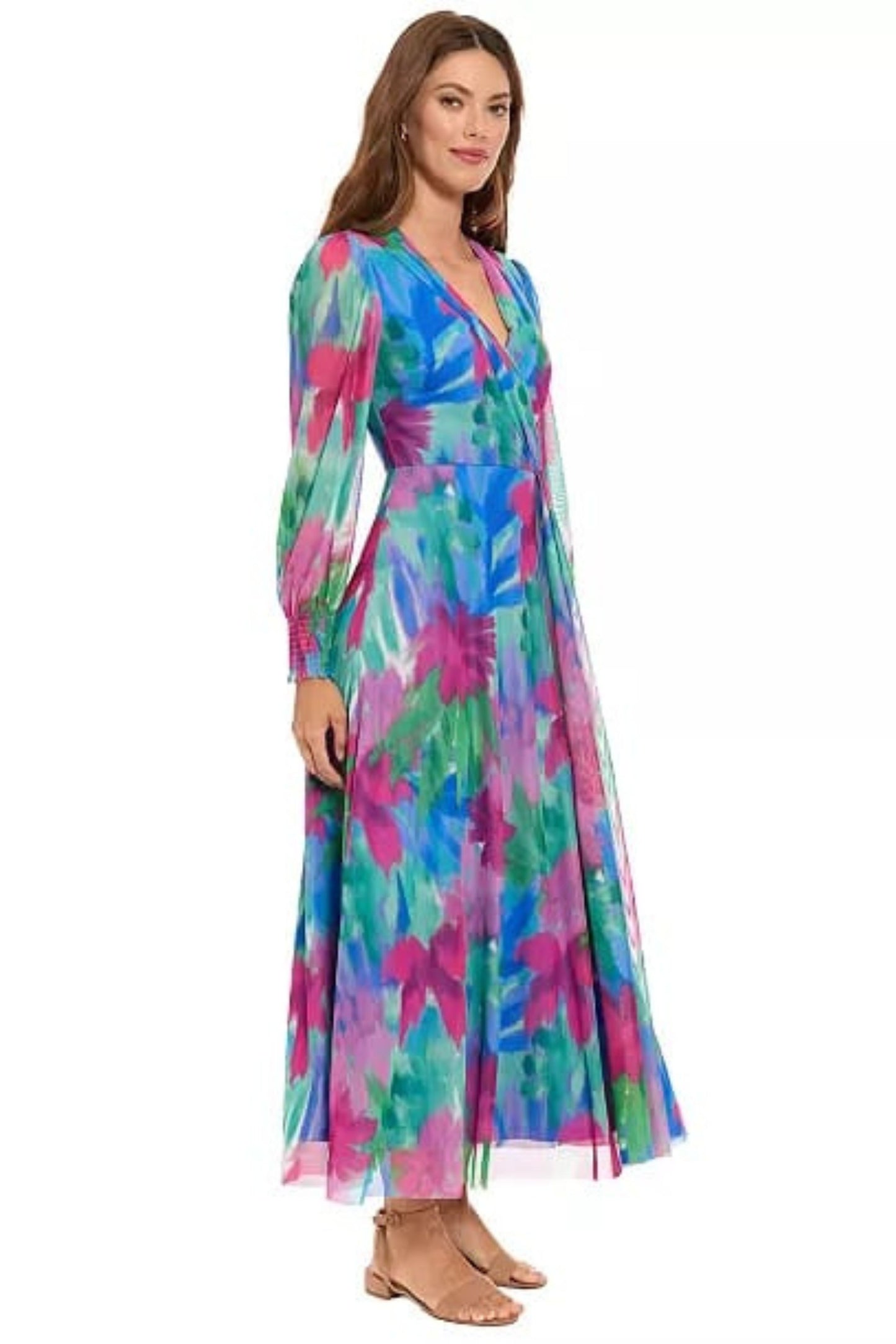 London Times Pink & Blue Abstract Floral Chiffon Maxi Dress