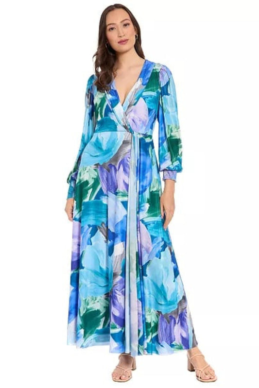 London Times Blue & Lavender Abstract Floral Maxi Dress