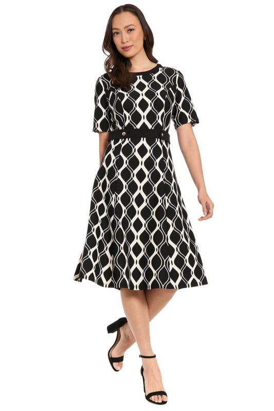 London Times Geometric Fit-and-Flare Dress