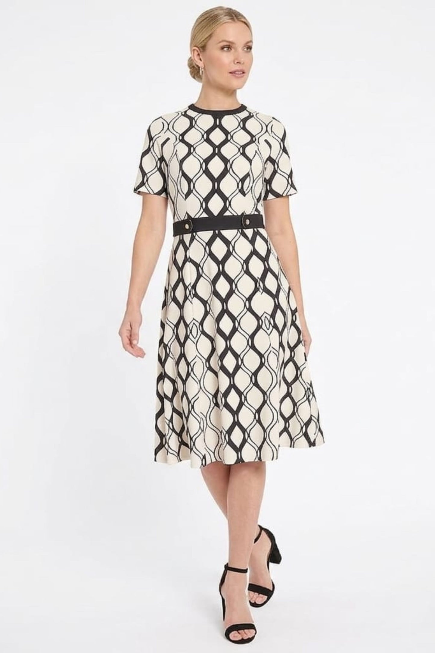 London Times Geometric Fit-and-Flare Dress