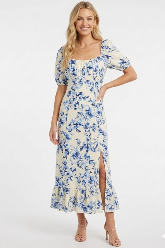 London Times Floral Pointelle Puff-Sleeve Midi Dress