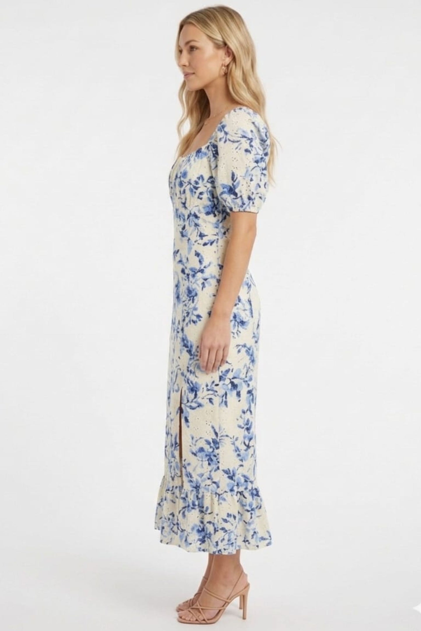 London Times Floral Pointelle Puff-Sleeve Midi Dress