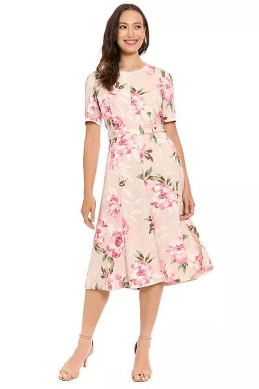 London Times Sand Rose Floral Scuba Crepe Fit-and-Flare Dress