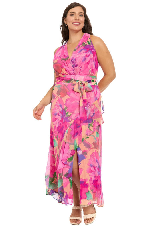 London Times Peach Pink Floral Chiffon Halter Maxi Dress