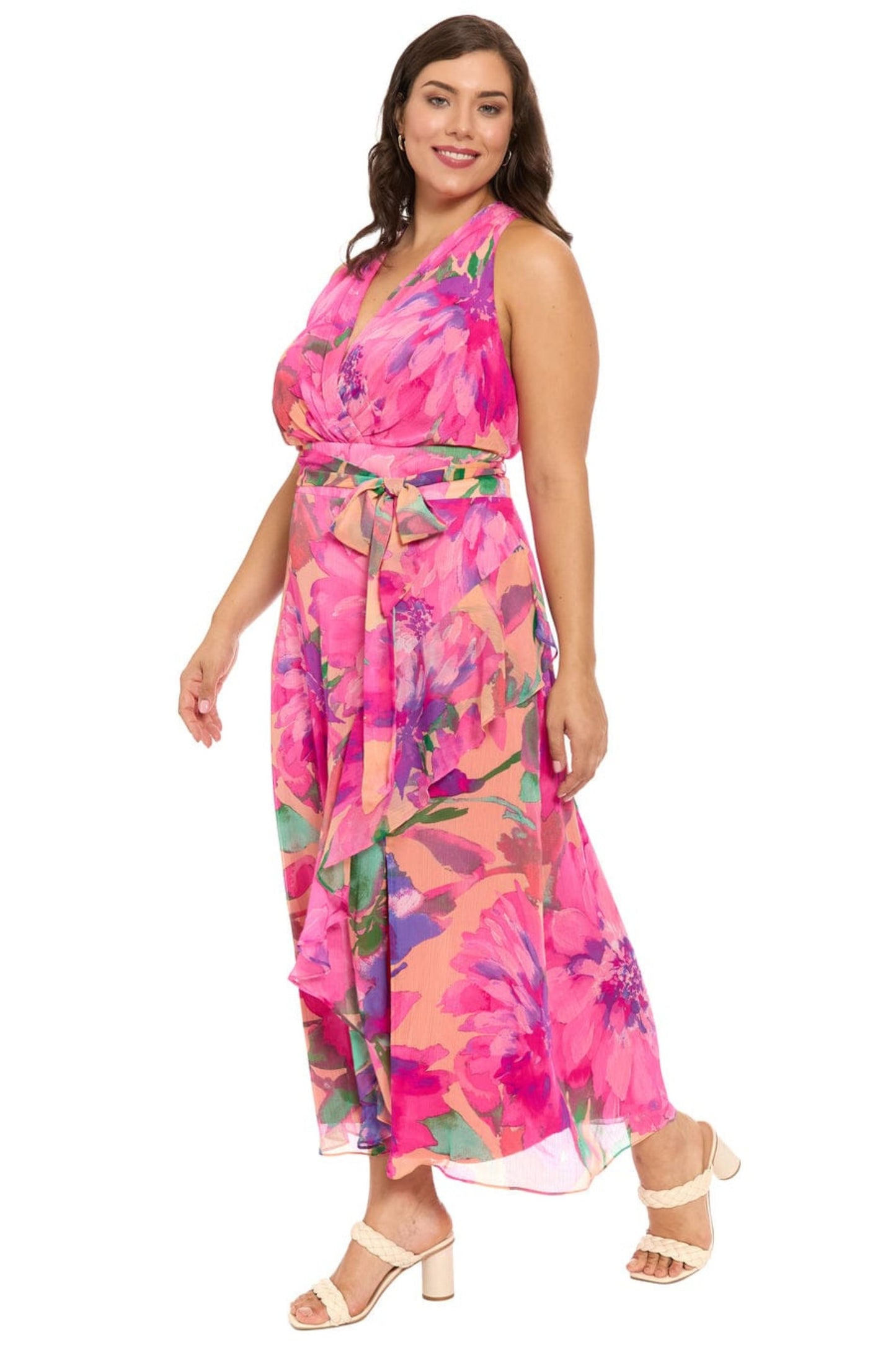 London Times Peach Pink Floral Chiffon Halter Maxi Dress