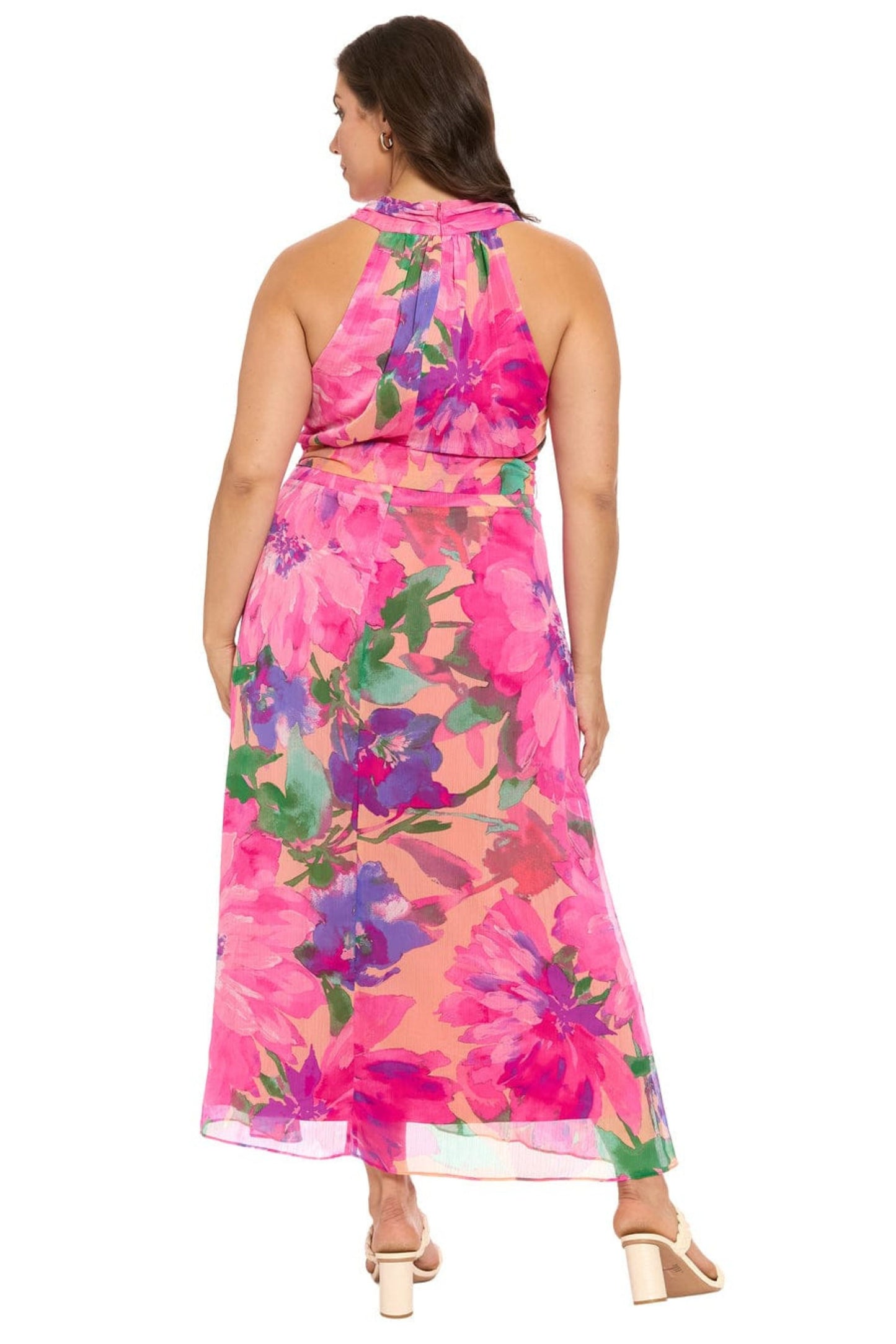 London Times Peach Pink Floral Chiffon Halter Maxi Dress