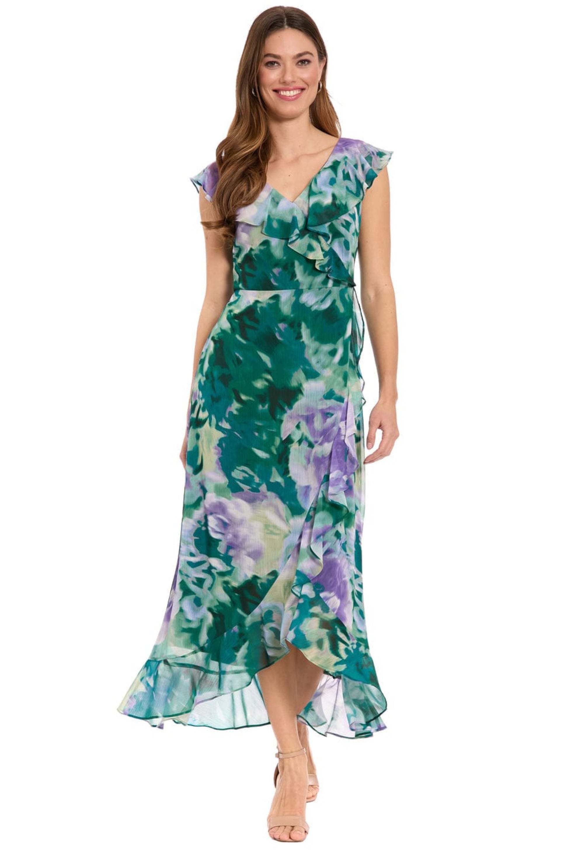 Maggy London Orchid & Teal Floral Ruffle Chiffon Midi Dress – New Yorker's Apparel