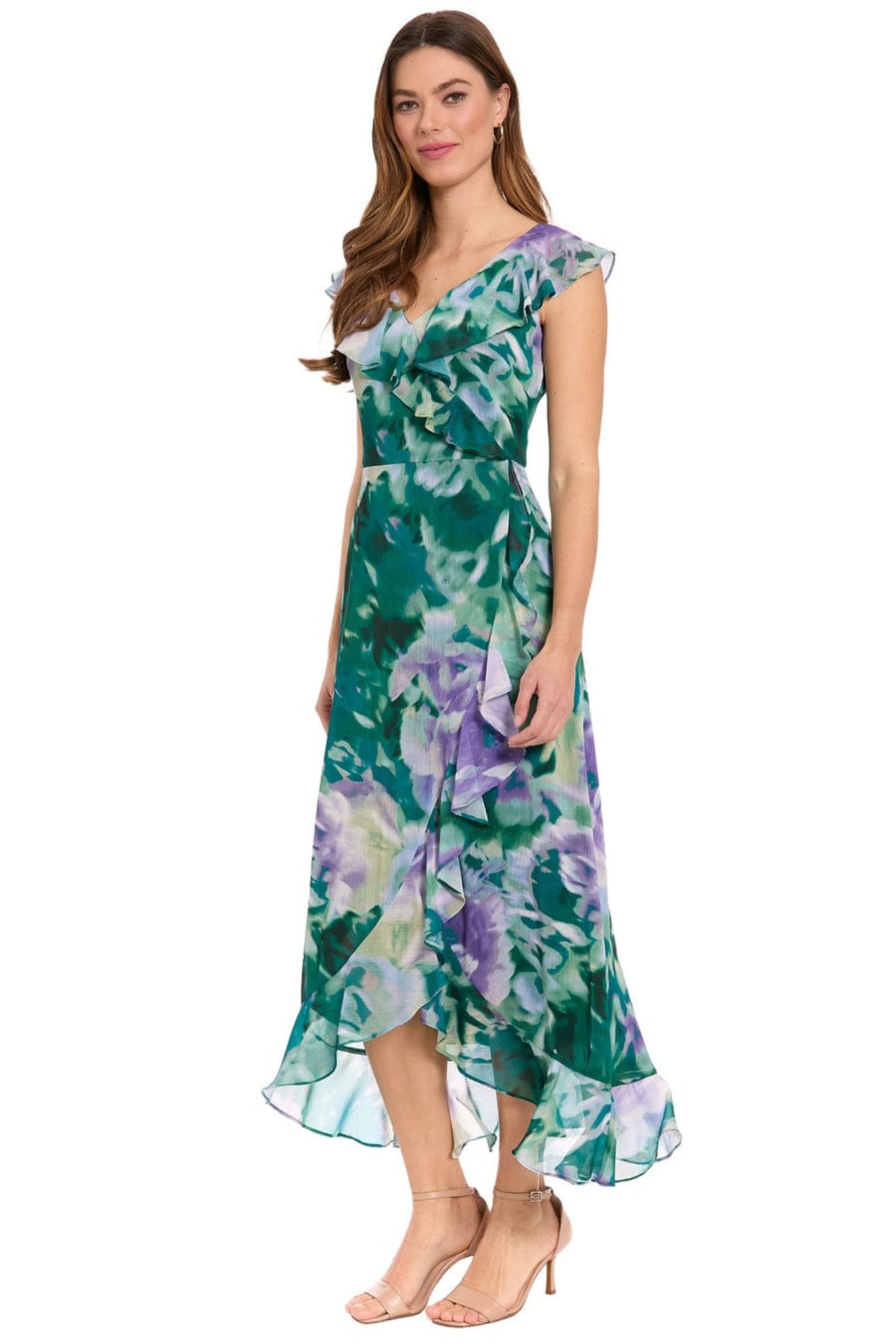 Maggy London Orchid & Teal Floral Ruffle Chiffon Midi Dress