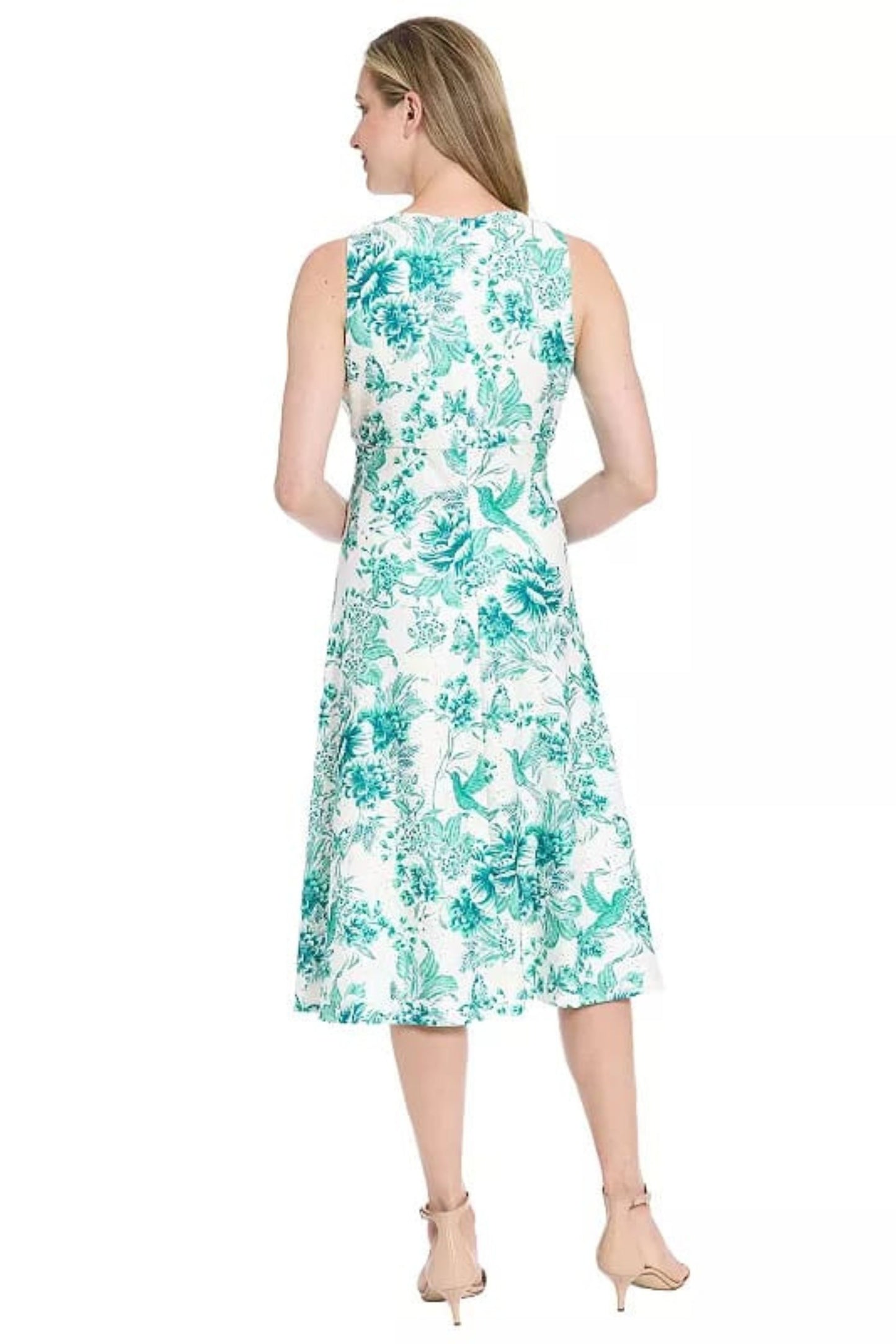 London Times Soft White & Teal Floral Pointelle Midi Dress